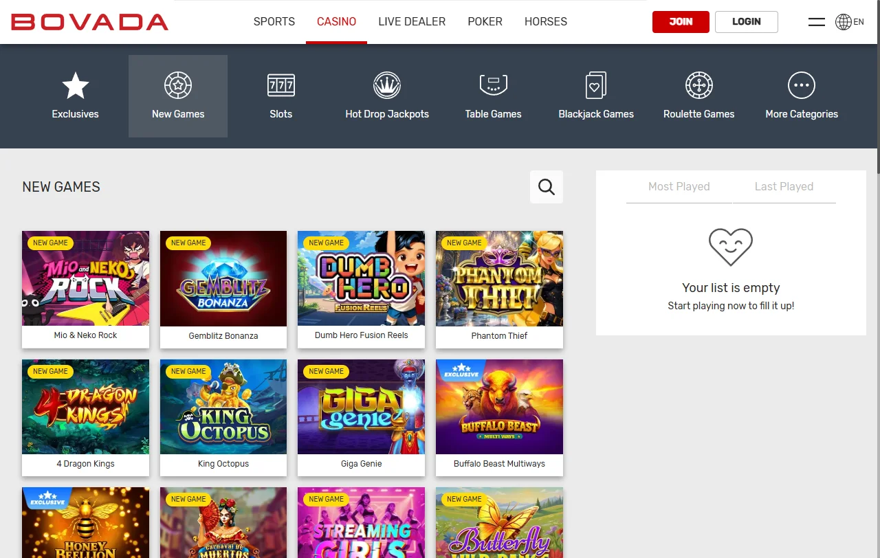 Online slots and table games available at Bovada Casino for Australia players