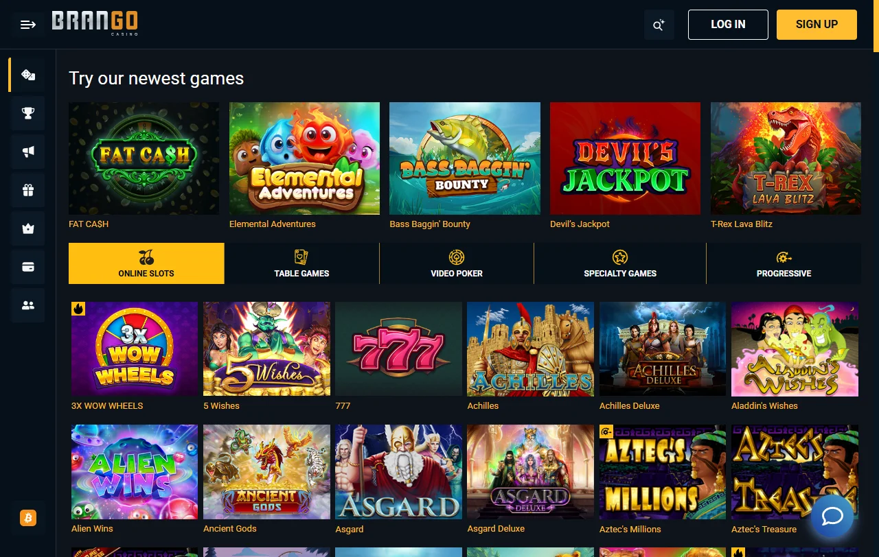 Game library and software providers featured at Brango Casino including slots and live dealer tables