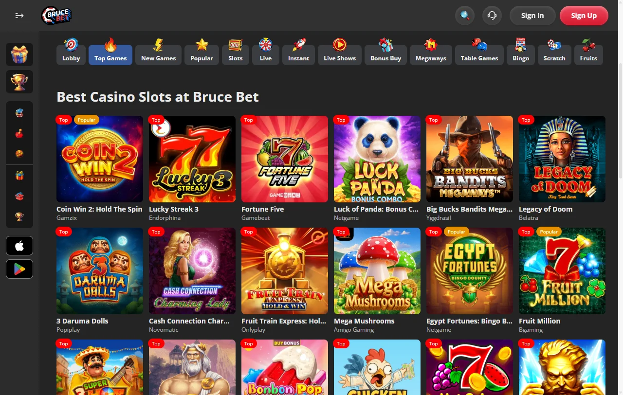 Slot games and live dealer offerings featured at BruceBet Casino from Pragmatic Play and Evolution Gaming