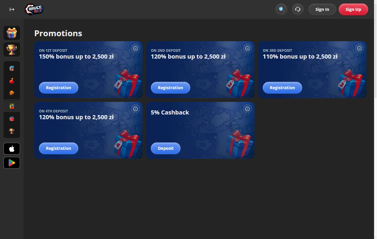 Welcome bonus promotion at BruceBet Casino displaying 100% match and free spins offer details