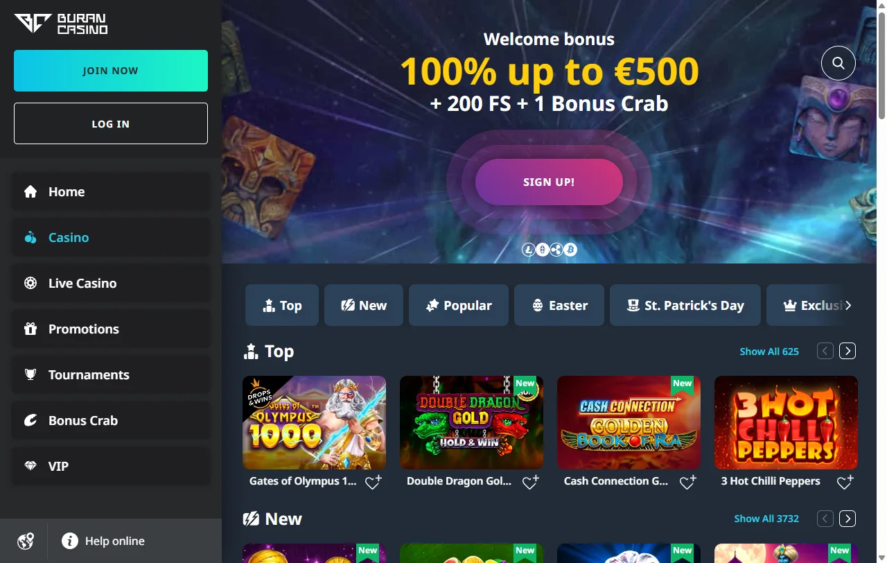 Slot games, table games and live dealer entertainment at Buran Casino