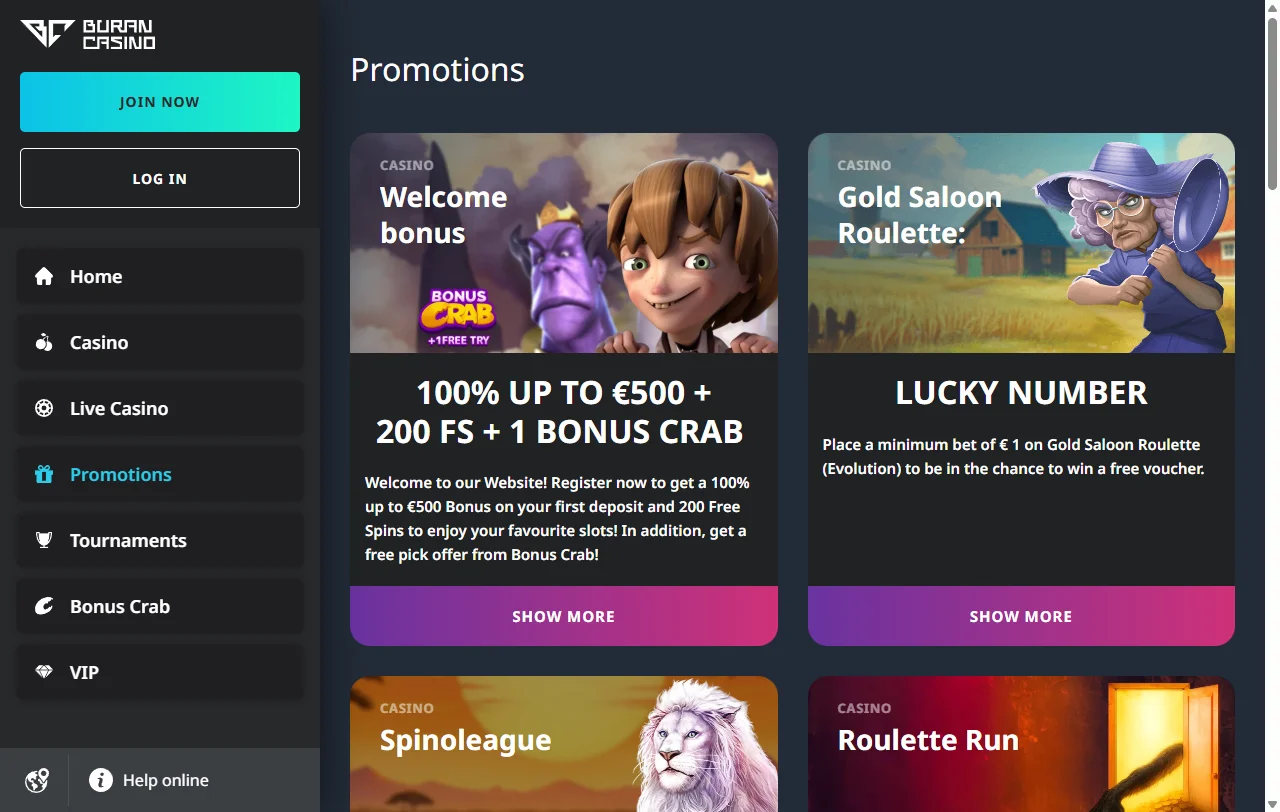 Welcome bonus offers and promotions available at Buran Casino Australia