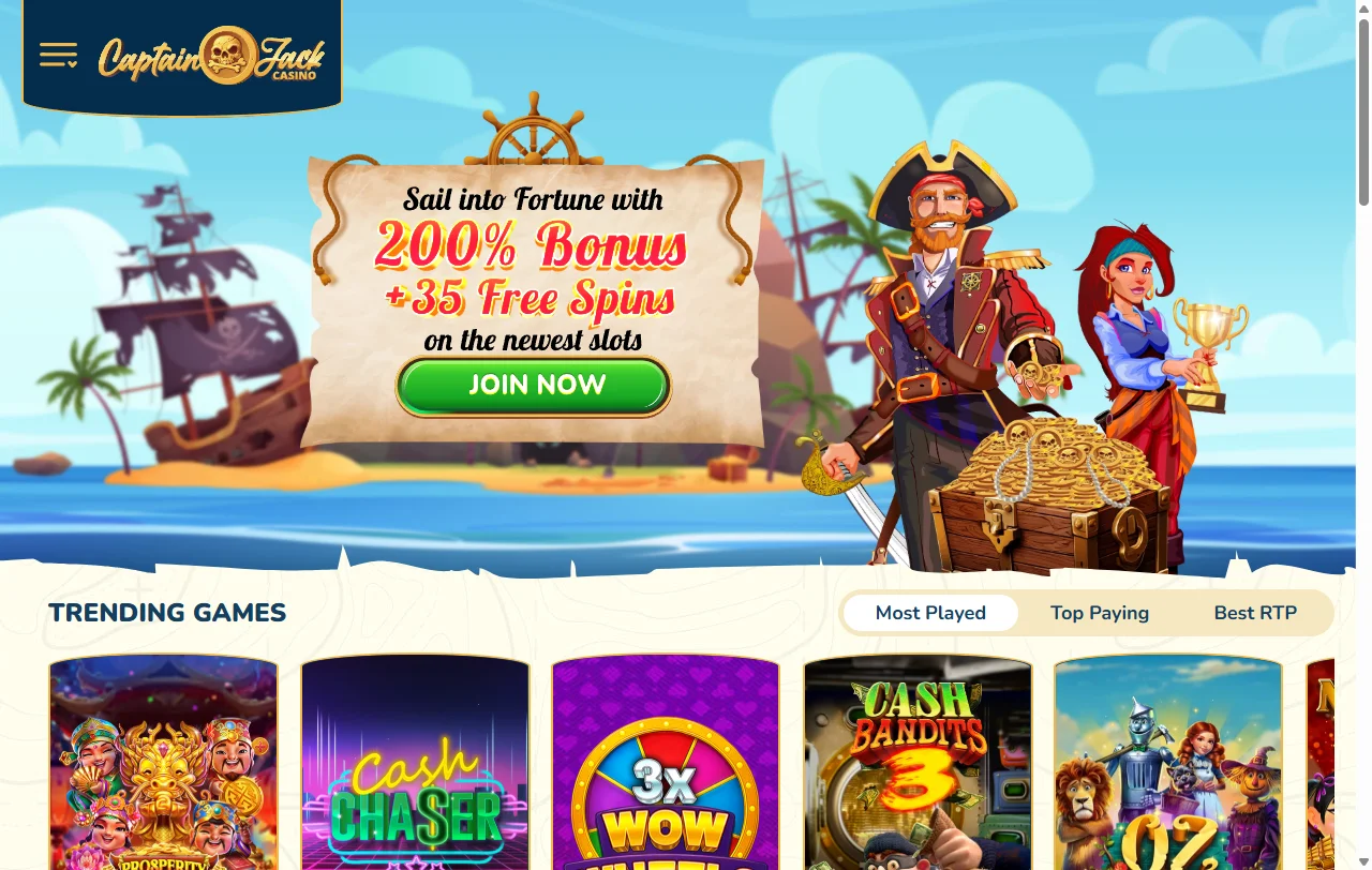 Complete Captain Jack Casino review interface showing full game library and account dashboard on desktop