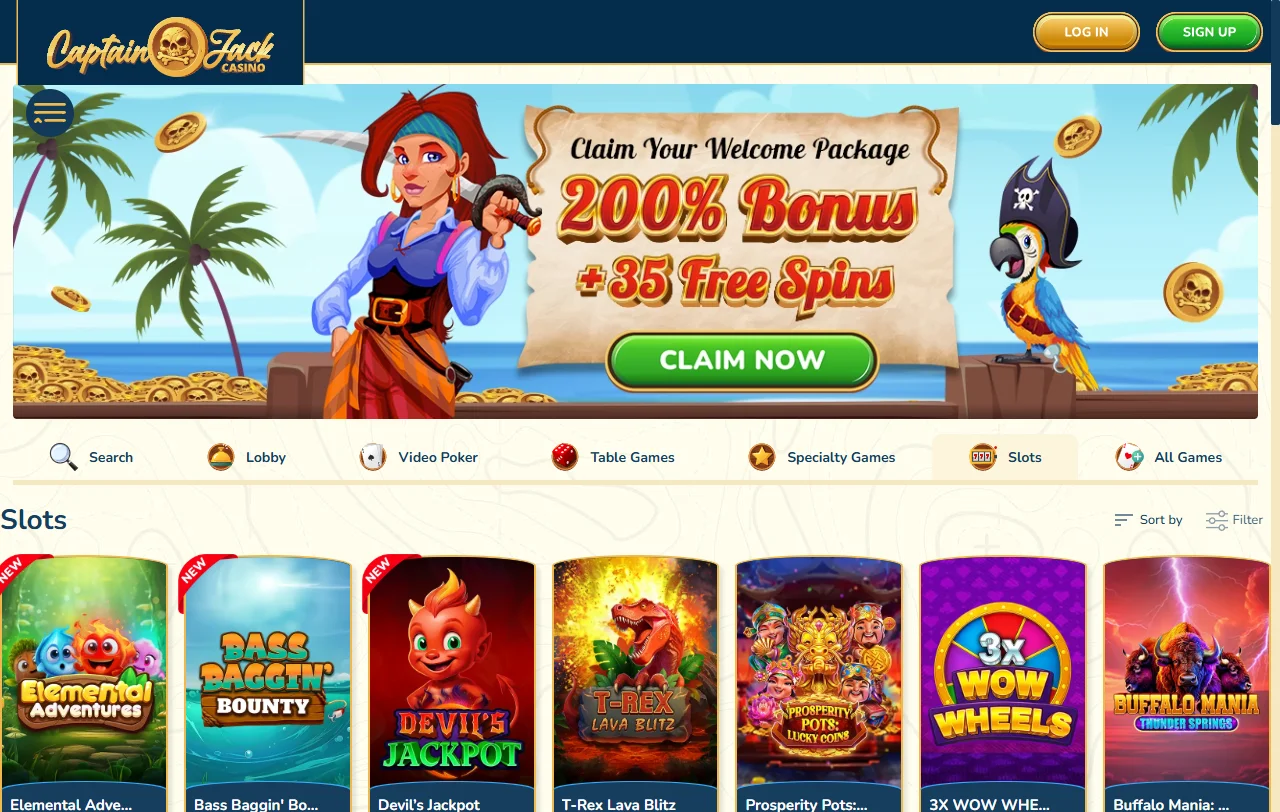 Slot games and live dealer tables featured at Captain Jack Casino with provider logos and game thumbnails