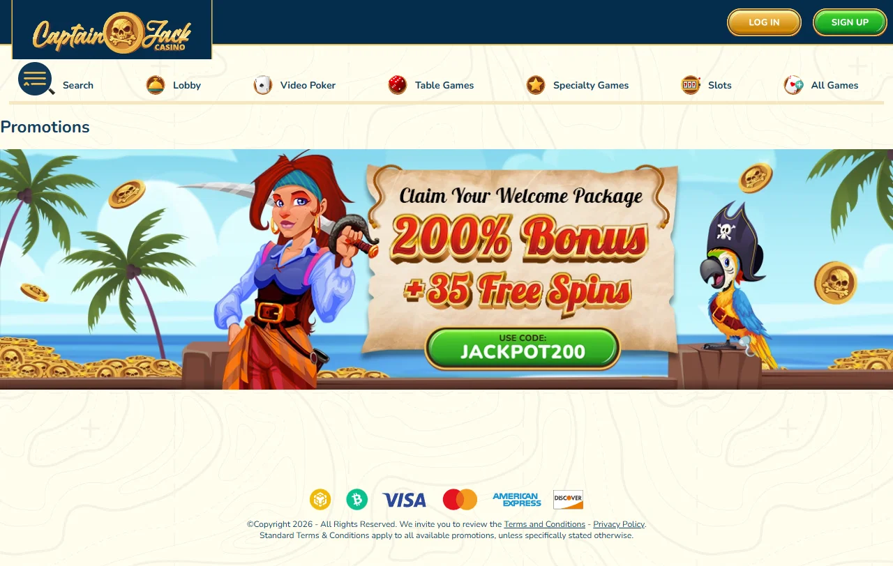 Welcome bonus promotion display at Captain Jack Casino showing 100% match and free spins offer terms
