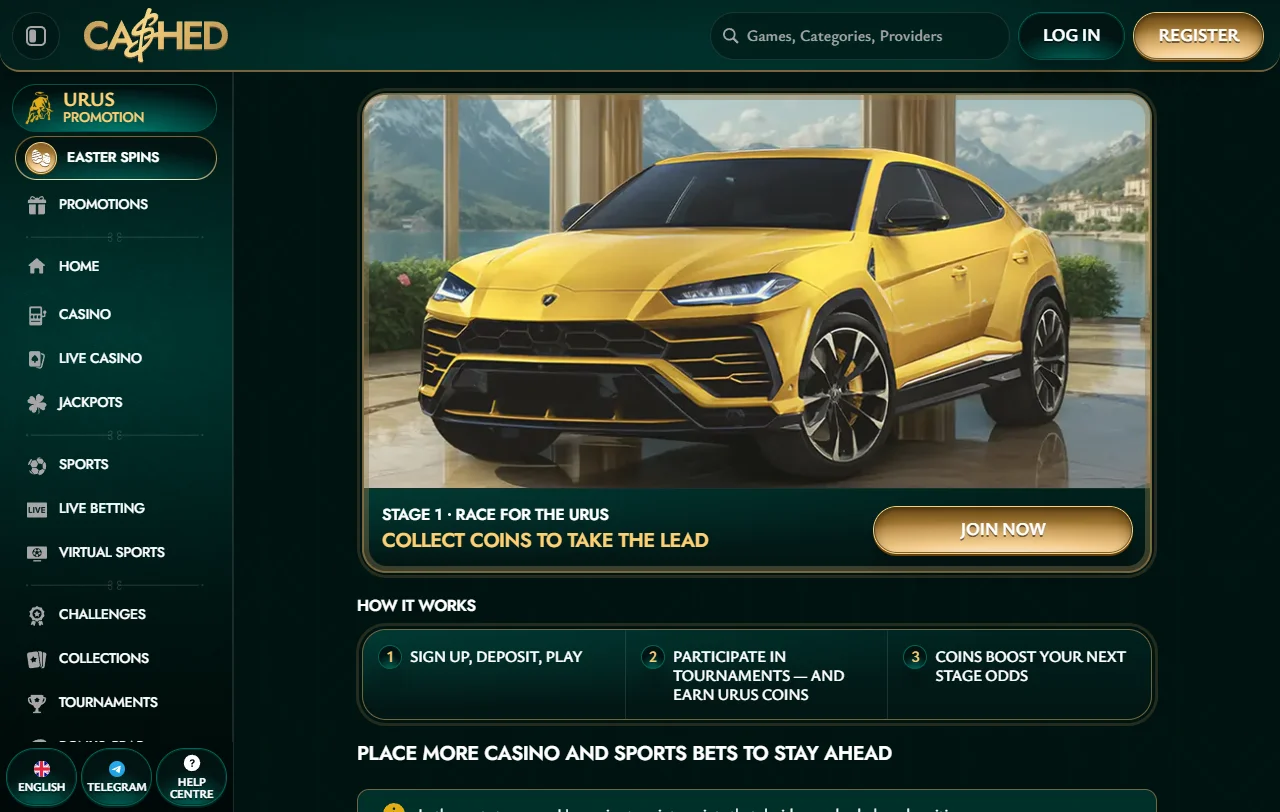 Welcome bonus and promotional offers at Cashed Casino with deposit match details and free spins allocation