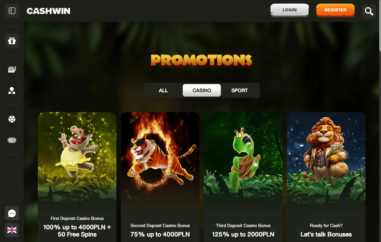 Welcome bonus promotion at CashWin Casino offering 100% match and free spins for new players