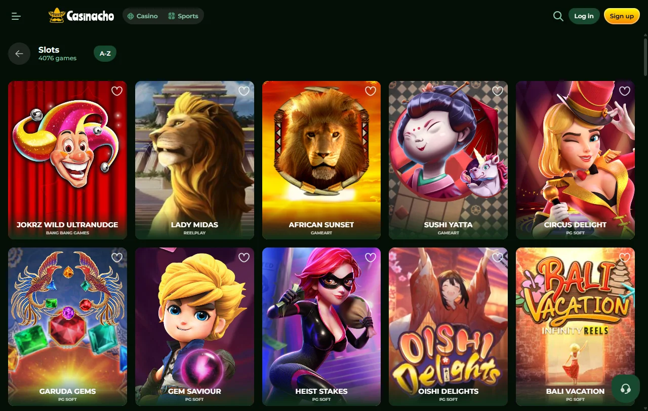 Casinacho Casino game library featuring slots, table games and live dealer content from major providers
