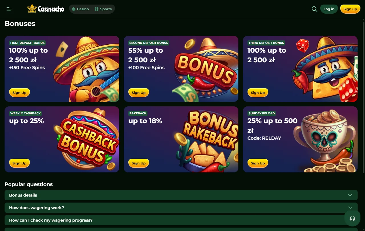 Casinacho Casino welcome bonus and promotional offers structure for new and returning players