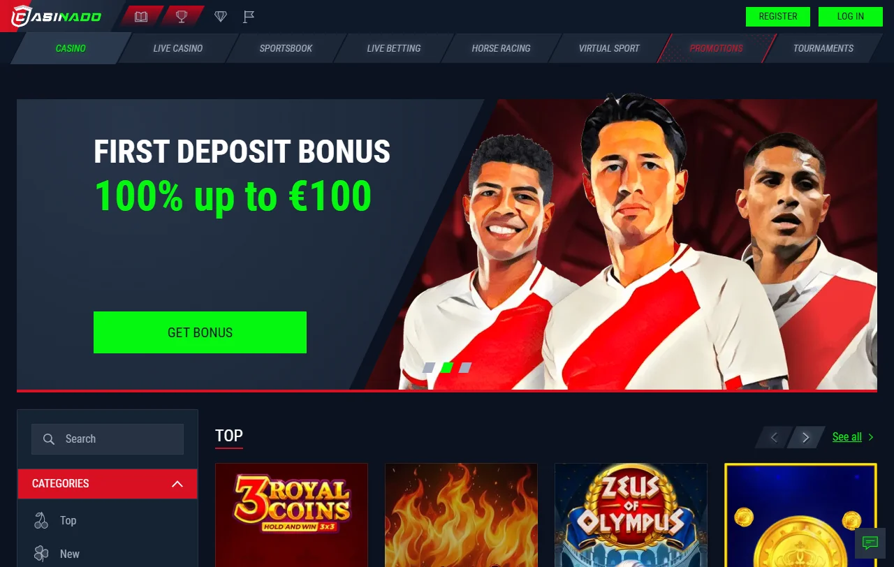 Casinado Casino game library featuring 5,000+ titles from Pragmatic Play, NetEnt, and Evolution Gaming providers