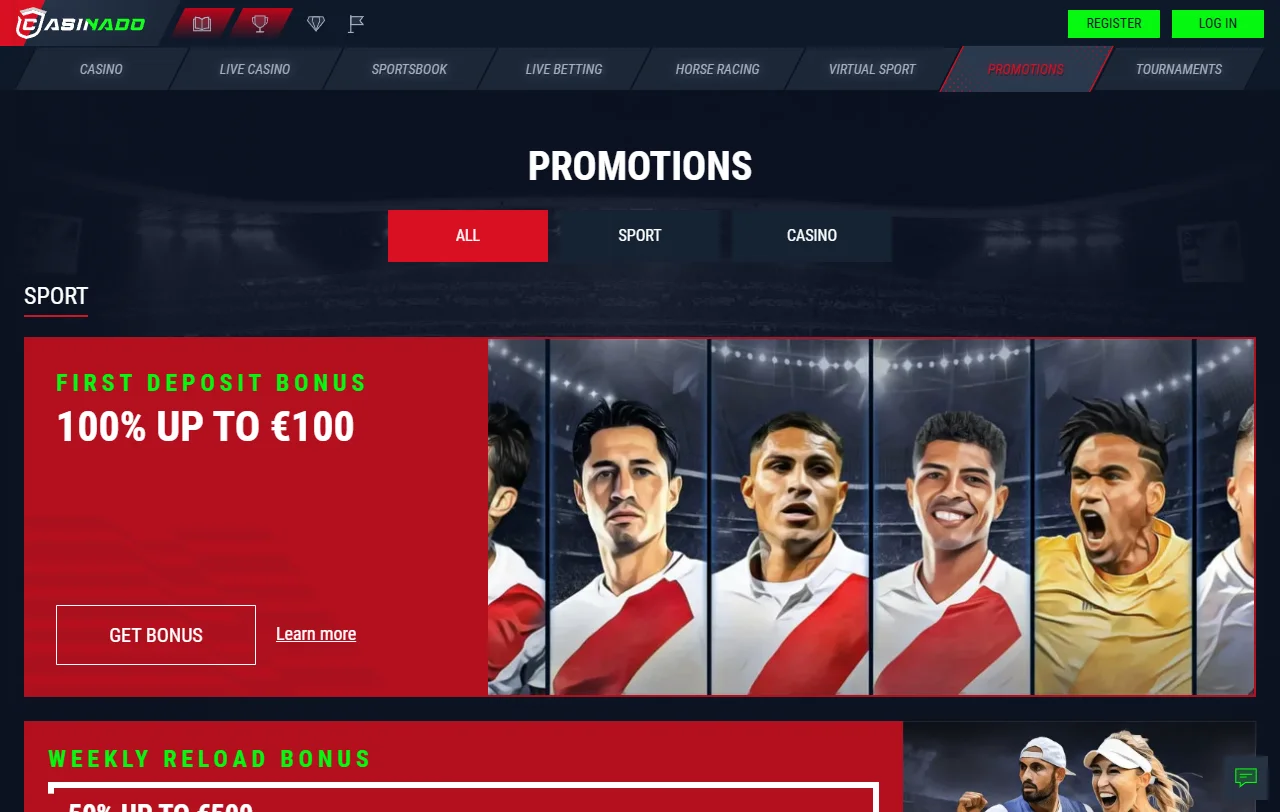 Casinado Casino welcome bonus offering approximately 100-150% deposit match plus free spins for new players