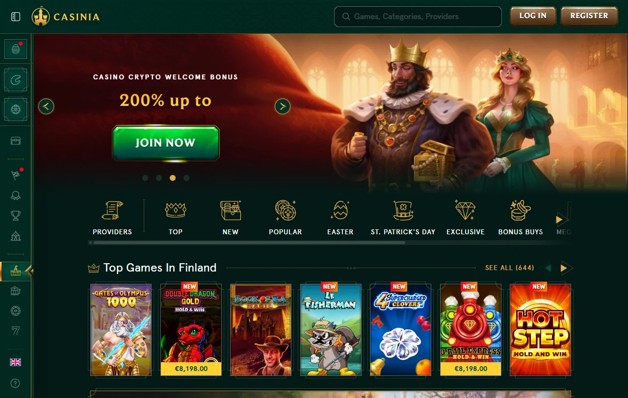 Casinia Casino desktop platform showing complete gaming interface with game library and navigation menu