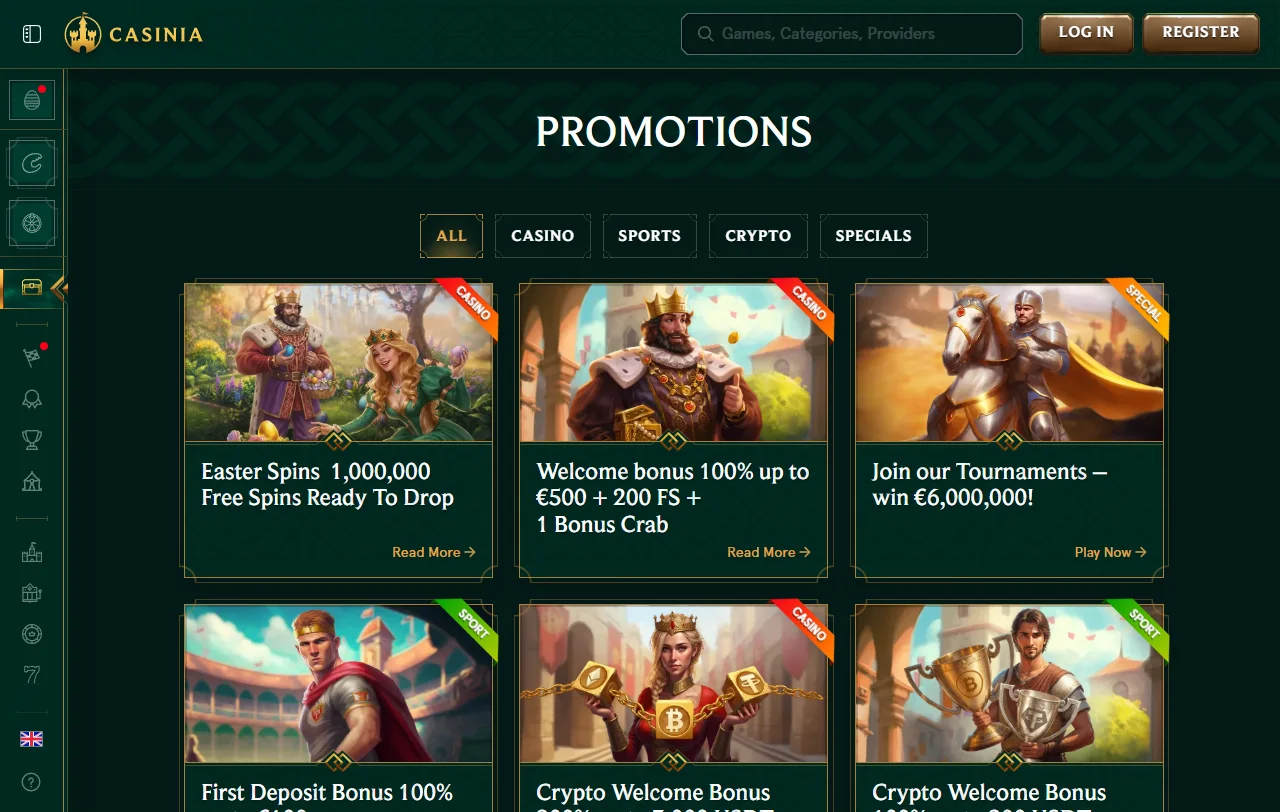 Slots and live dealer games available at Casinia Casino with provider logos and game thumbnails displayed