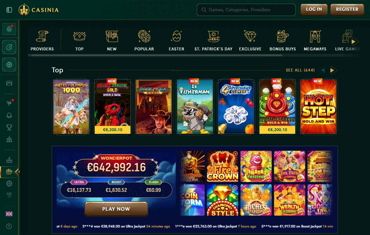 Welcome bonus offer and promotional campaigns featured on Casinia Casino desktop homepage