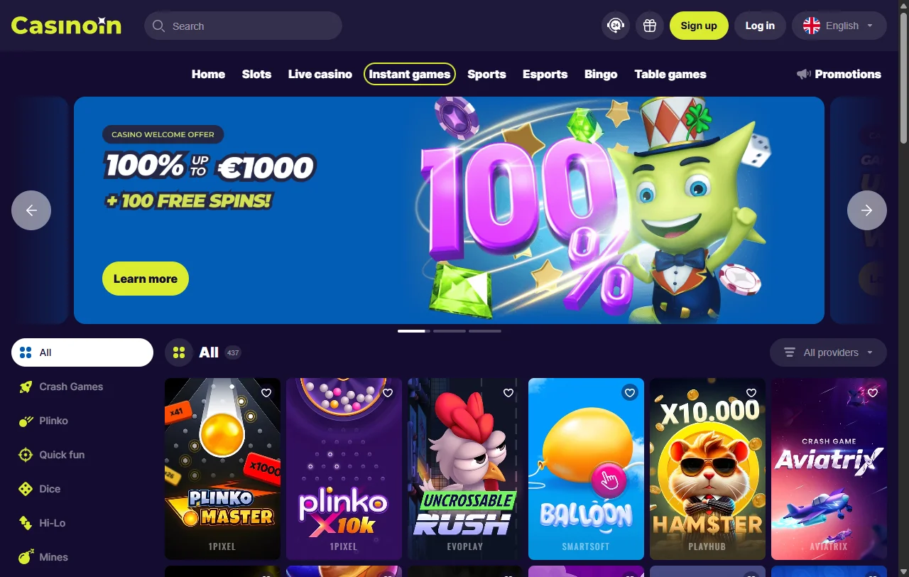 CasinoIn Casino desktop platform overview featuring complete game library and account management interface