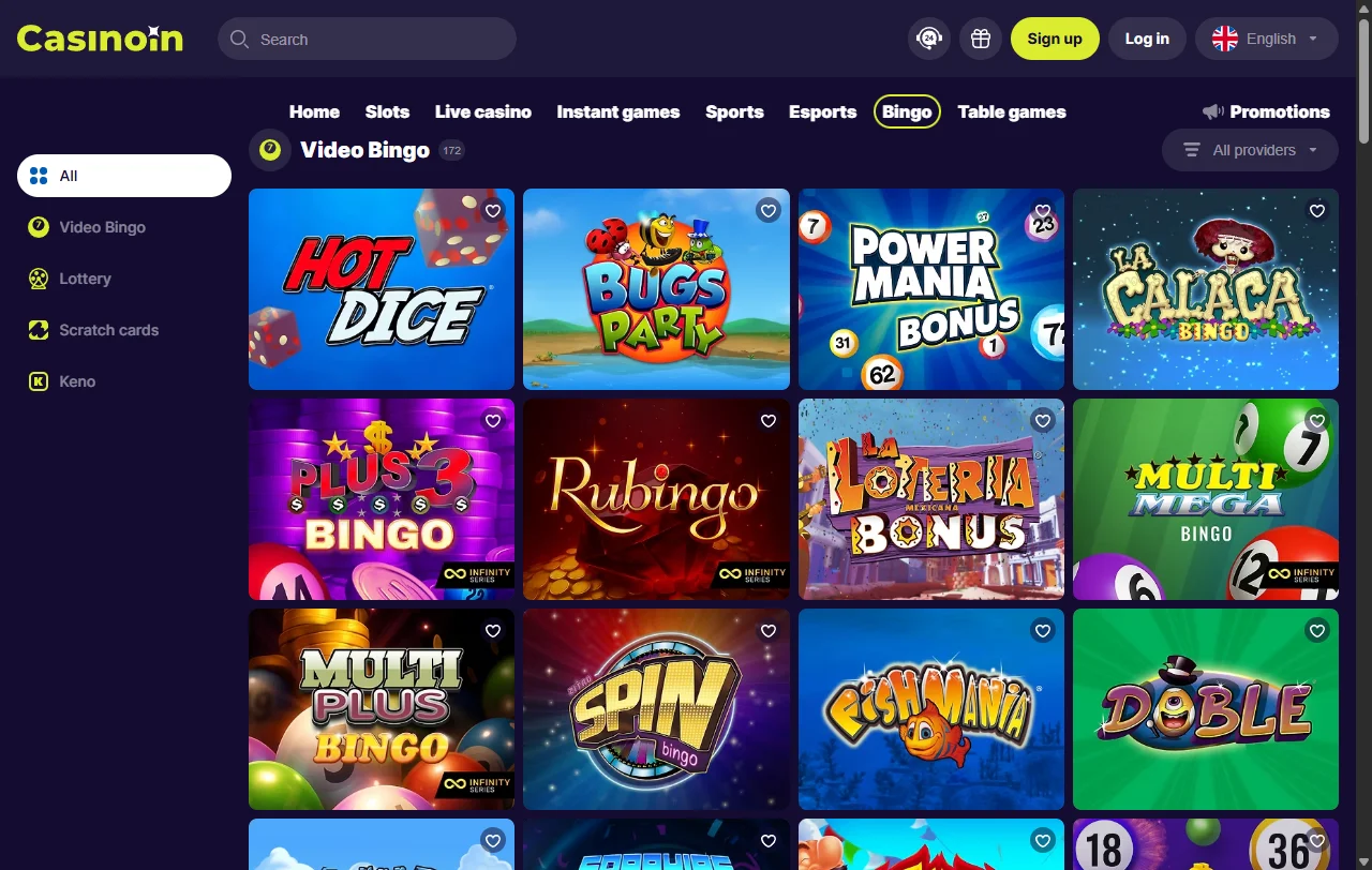 Slots and table games collection at CasinoIn Casino with provider filtering and category organisation