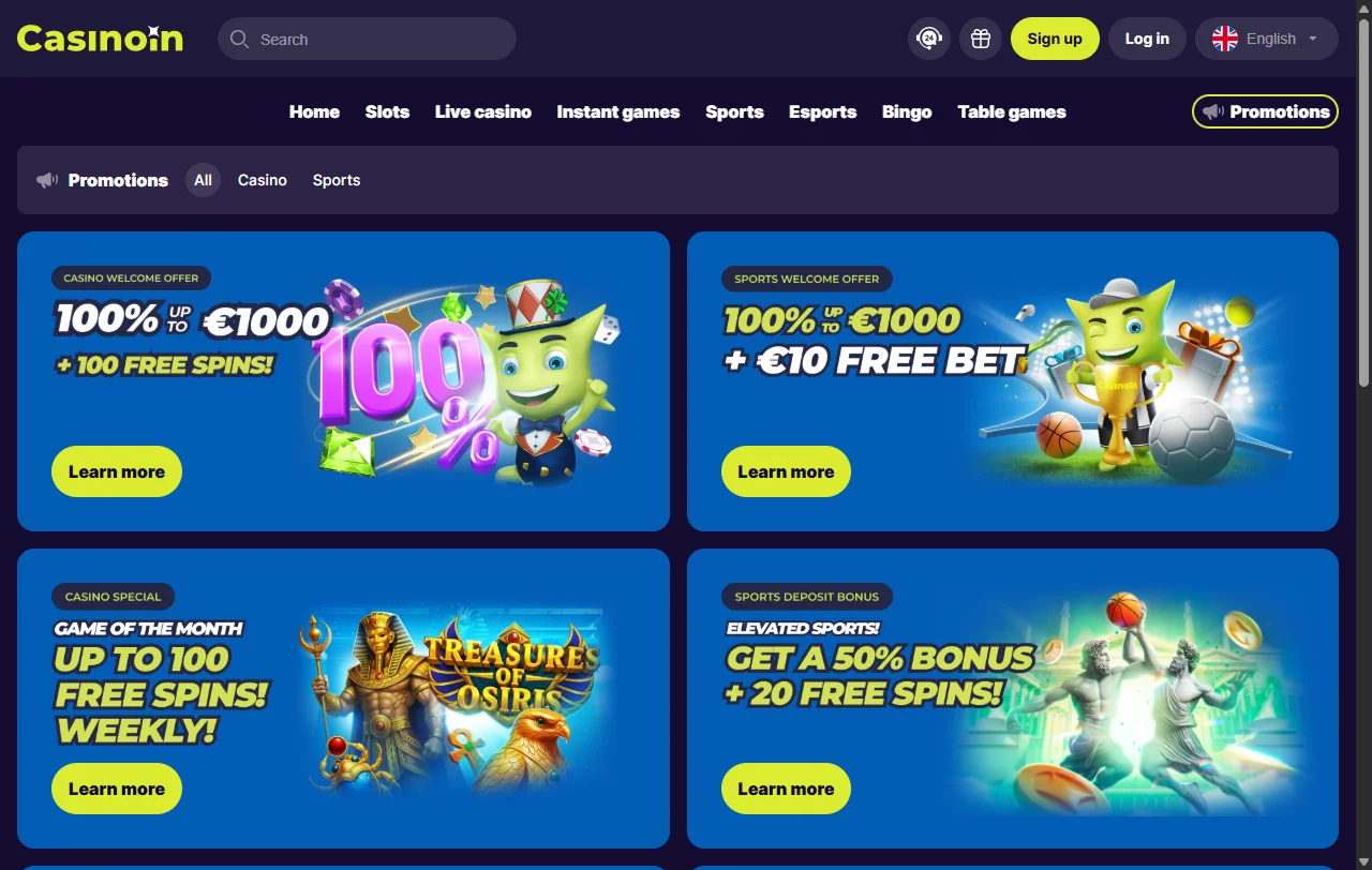 Welcome bonus promotion and active offers displayed on CasinoIn Casino homepage