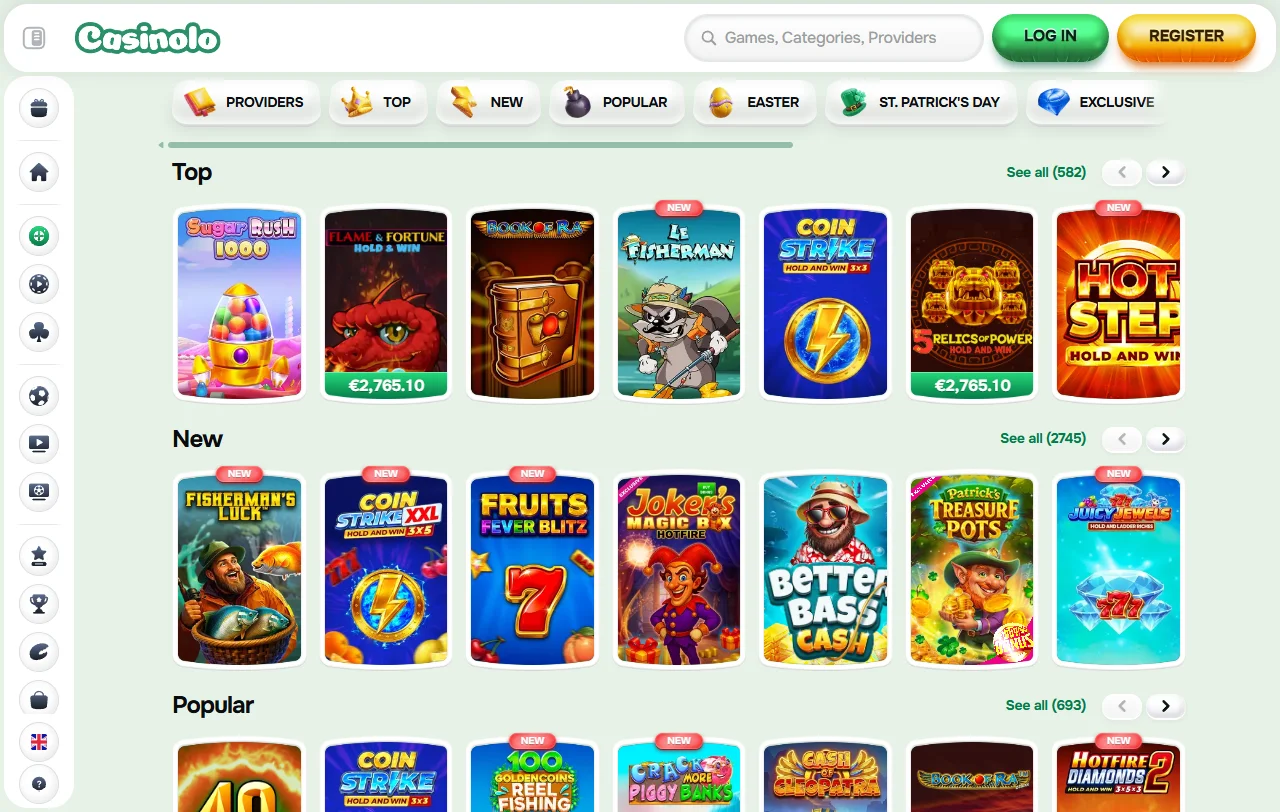 Casinolo Casino game library displaying 3,500+ slots, table games, and live dealer titles from 60+ providers