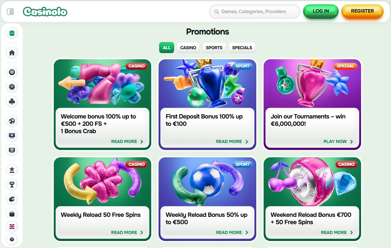 Casinolo Casino welcome bonus structure showing 100% match up to AUD 500 plus 100 free spins promotion