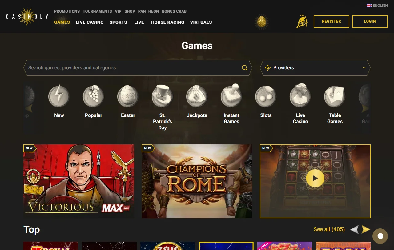Casinoly Casino game library featuring approximately 2,000 slots and table games from top software providers