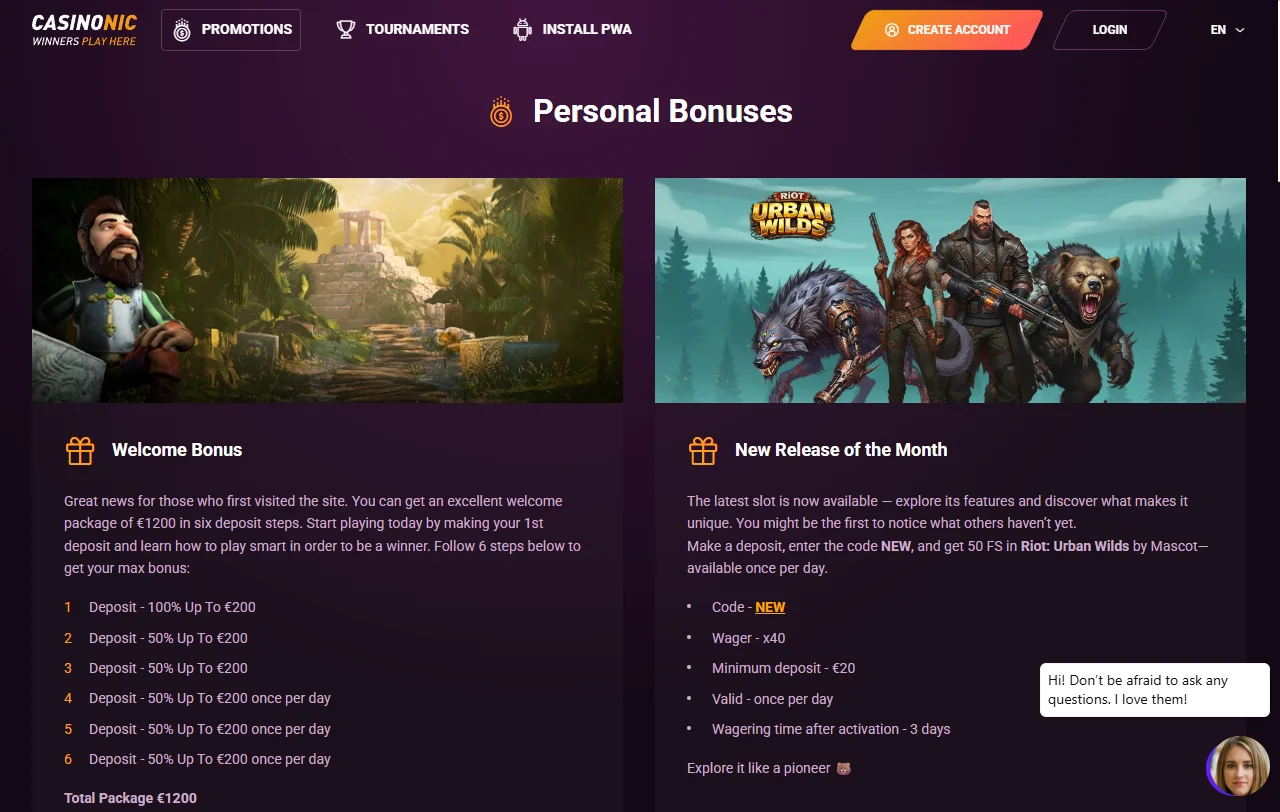 Casinonic Casino game library featuring slots from Pragmatic Play, live dealer tables from Evolution Gaming, and table game variants