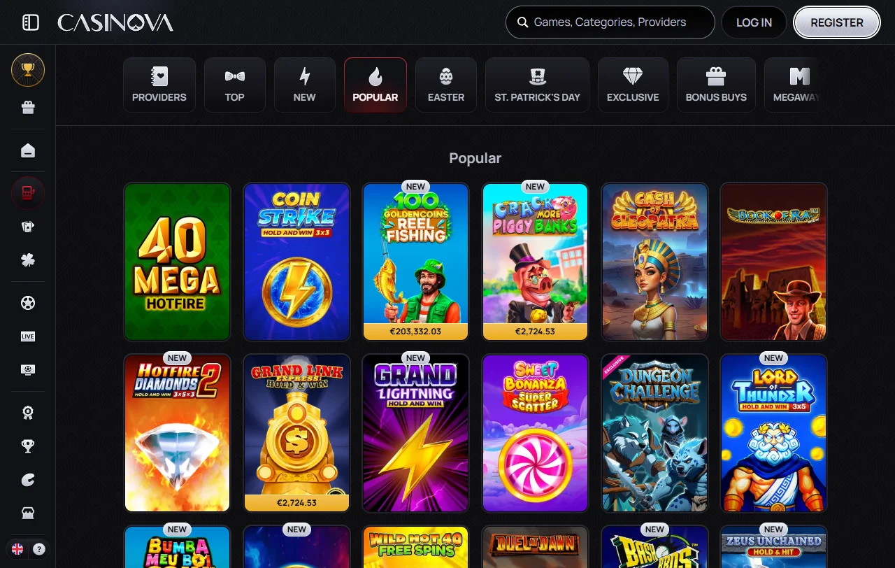 Casinova Casino game library showcasing 3000+ titles from Pragmatic Play, Evolution Gaming and major software providers