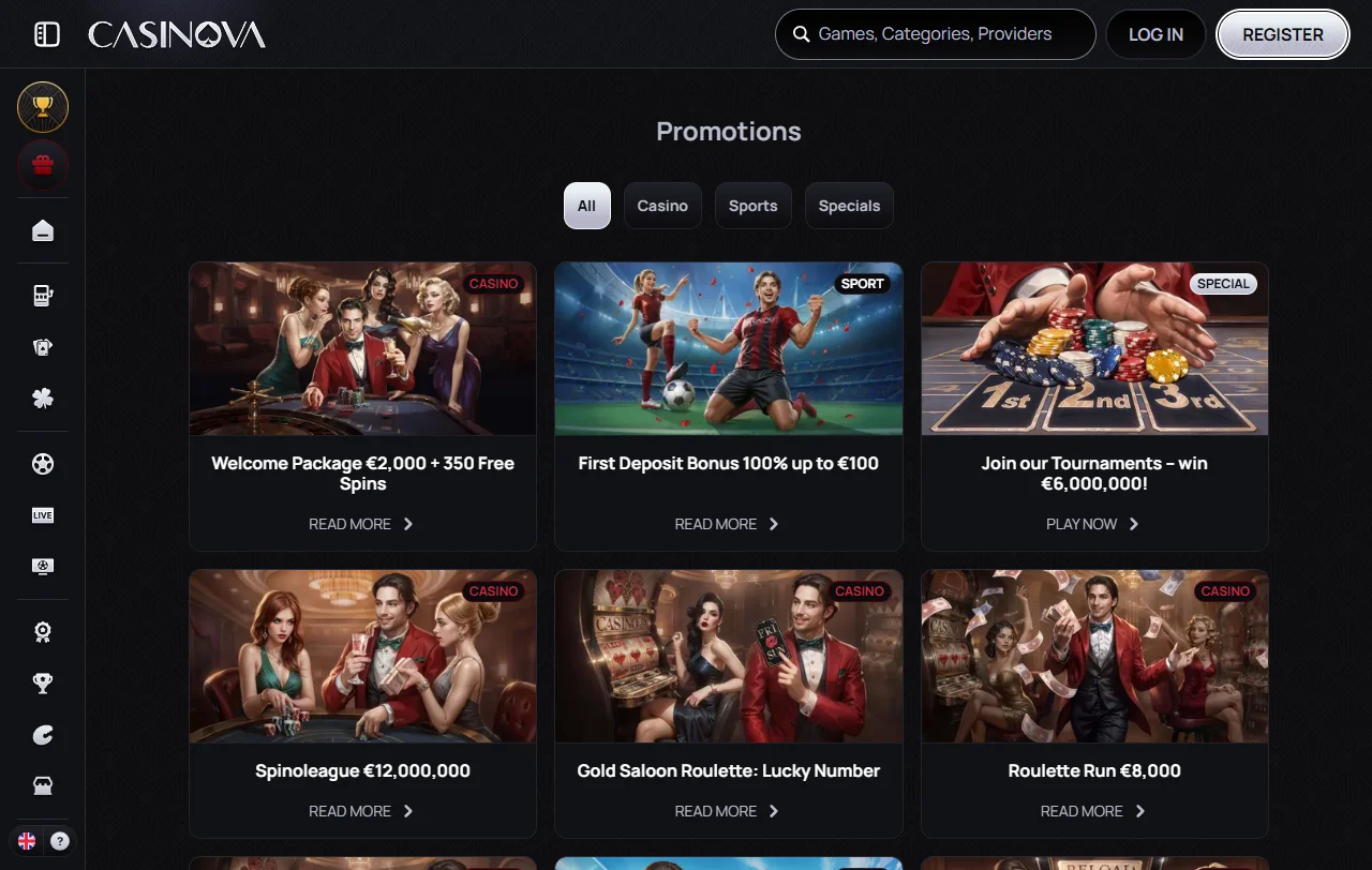 Welcome bonus and promotional offers at Casinova Casino including 100% match and free spins for new players