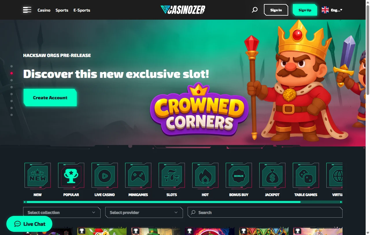 Casinozer Casino game selection featuring 5,000+ titles from Pragmatic Play, Evolution Gaming, and specialist providers