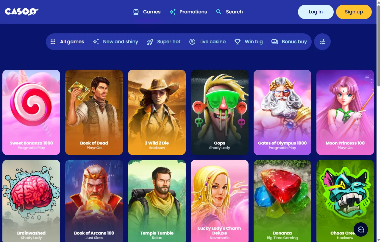 Casoo Casino slots and table games collection featuring Pragmatic Play and Evolution Gaming titles