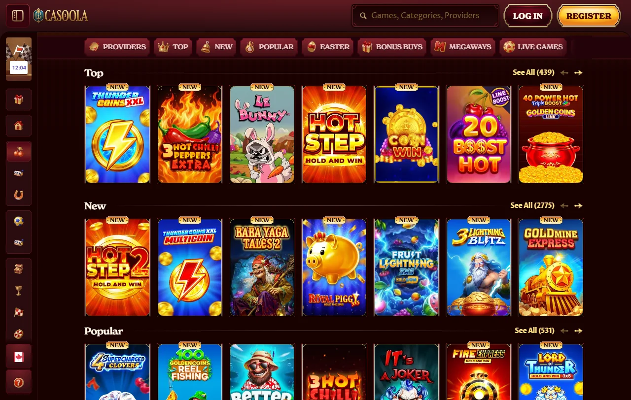 Game library display at Casoola Casino featuring slots, live dealer tables and provider selection