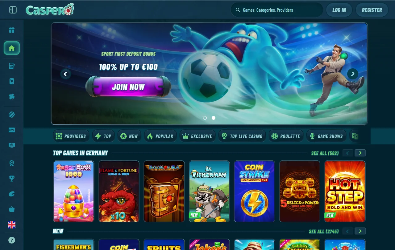 Caspero Casino platform overview showing main lobby, game categories, and featured titles for Australia players