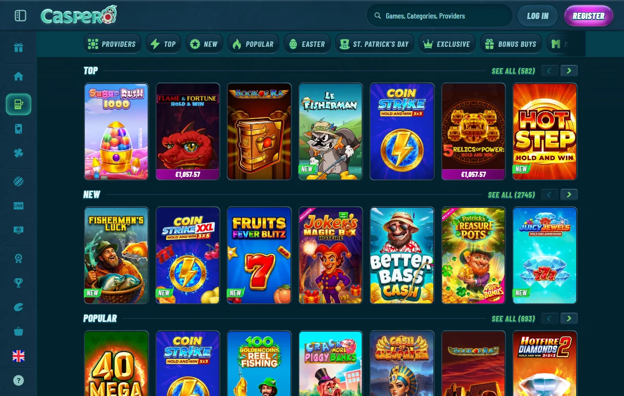 Caspero Casino welcome bonus promotion showing approximately 100% match offer and free spins incentive