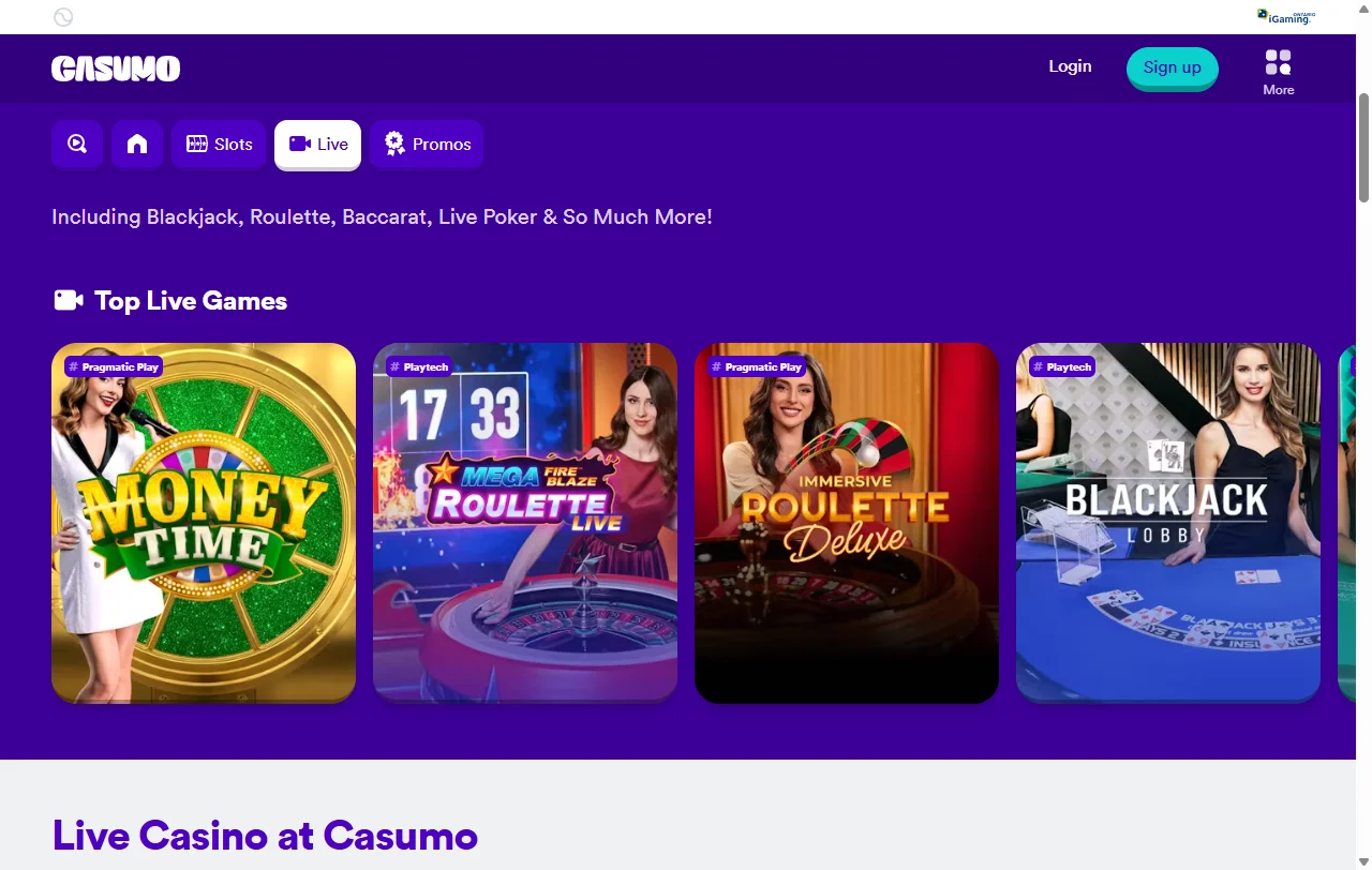 Casumo Casino Australia game library featuring slots, tables and live dealer content from Evolution and Pragmatic Play