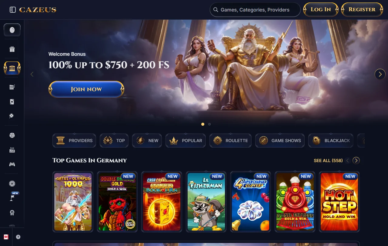 Cazeus Casino complete review interface showing game library, account features and platform navigation