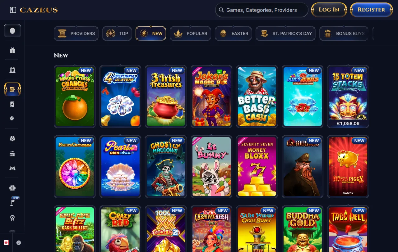Cazeus Casino gaming portfolio including pokies, table games and live dealer offerings from multiple providers