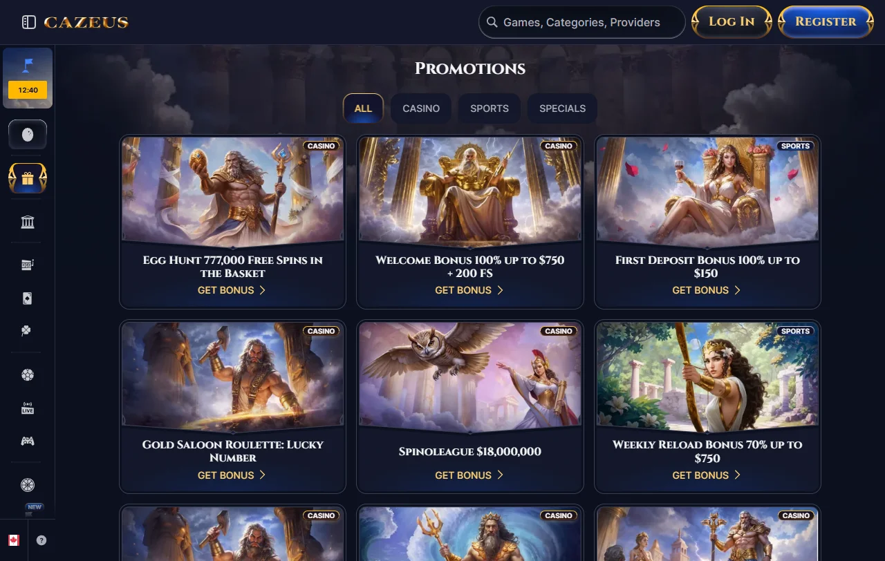 Cazeus Casino welcome bonus structure with 100% matching deposit funds and free spins promotion details