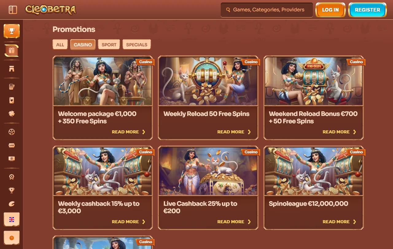 Slot games and table game selection available at Cleobetra Casino