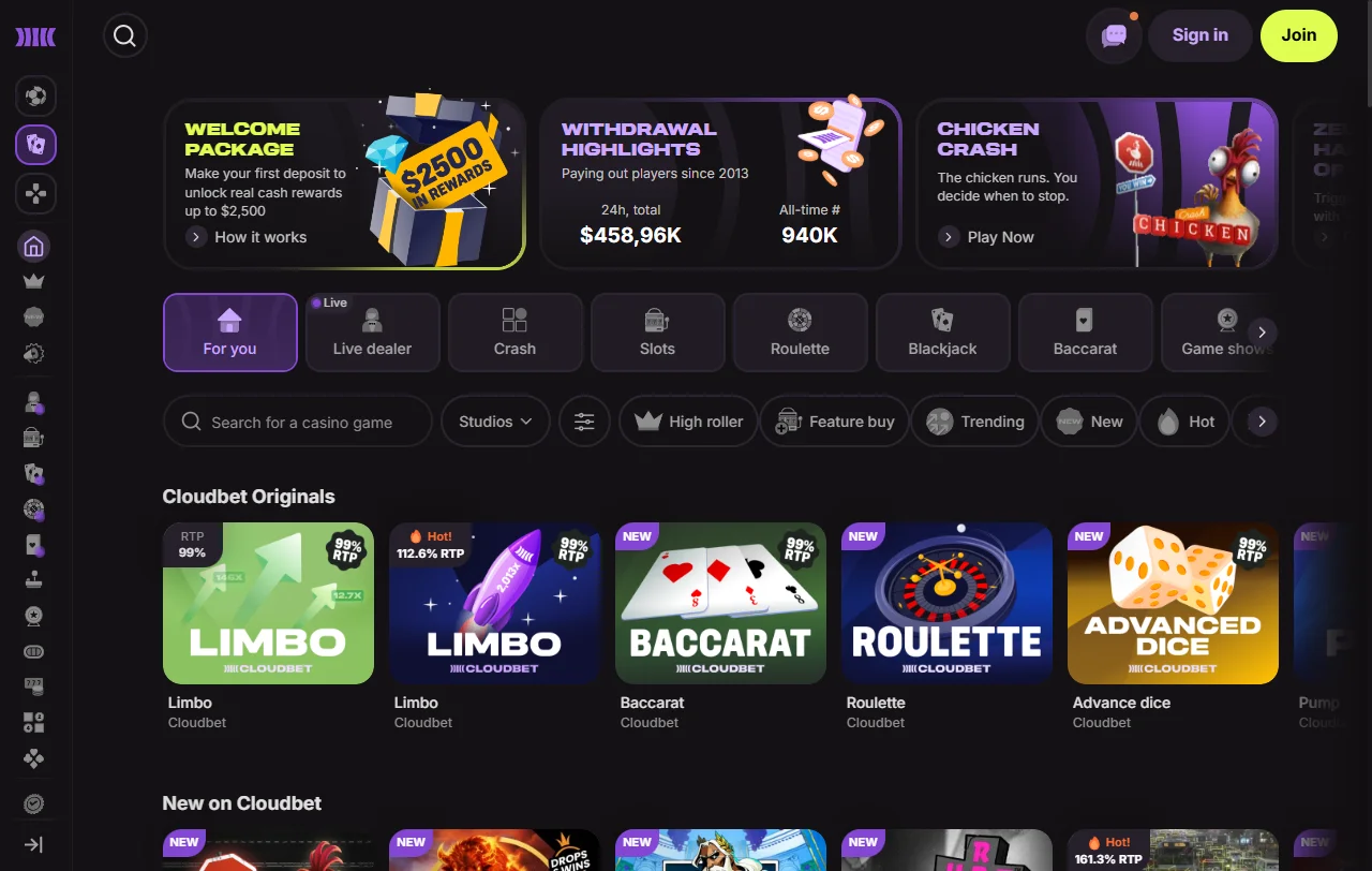 Cloudbet Casino game library featuring slots from Pragmatic Play, table games and Evolution Gaming live dealer