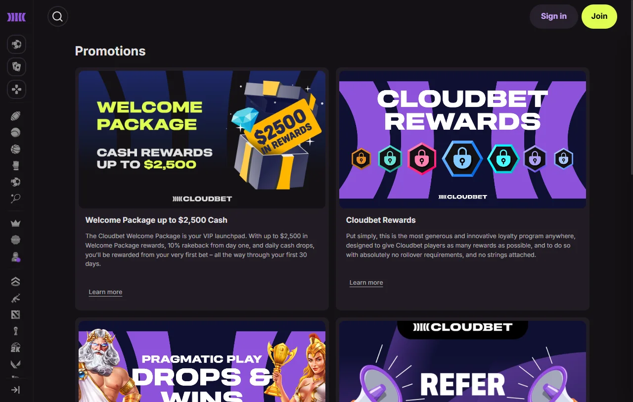 Cloudbet Casino welcome bonus structure showing 5 BTC match and free spins across deposit tiers