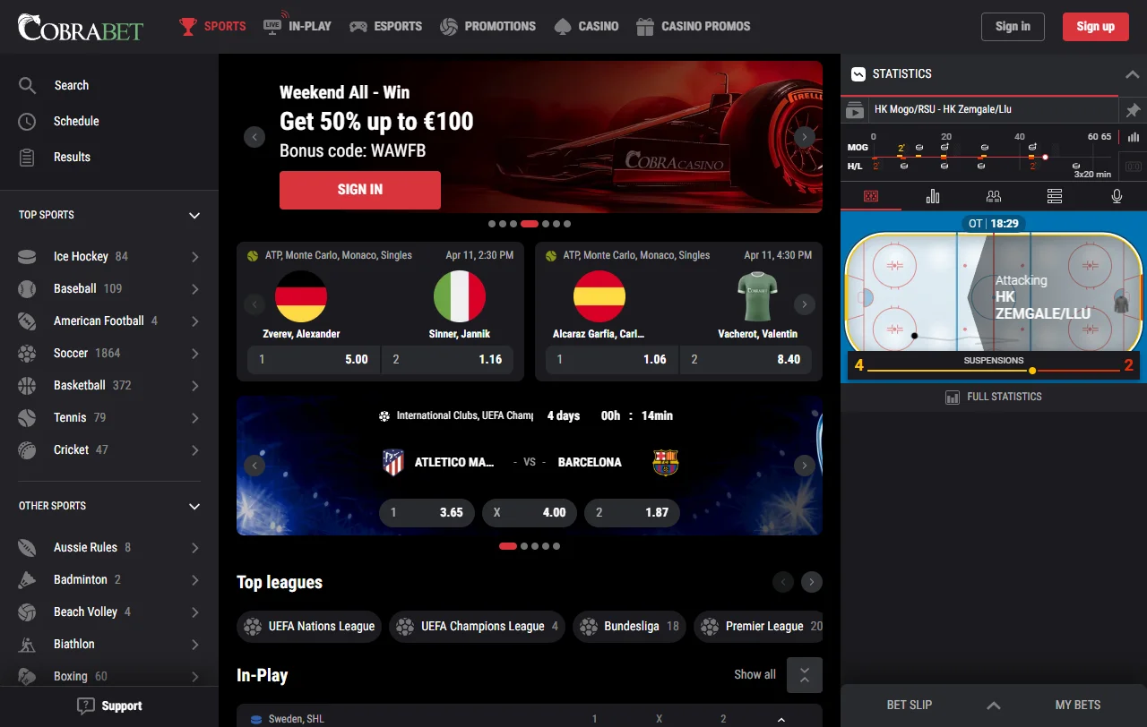 Cobra Casino platform overview showing complete gaming interface and feature layout