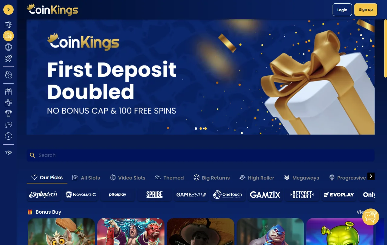 Game selection at CoinKings Casino featuring slots and live dealer tables from Pragmatic Play and Evolution Gaming