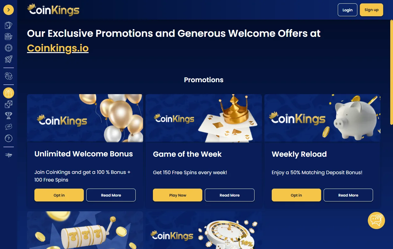 Welcome bonus promotion at CoinKings Casino - approximately 150% up to 500 AUD plus free spins