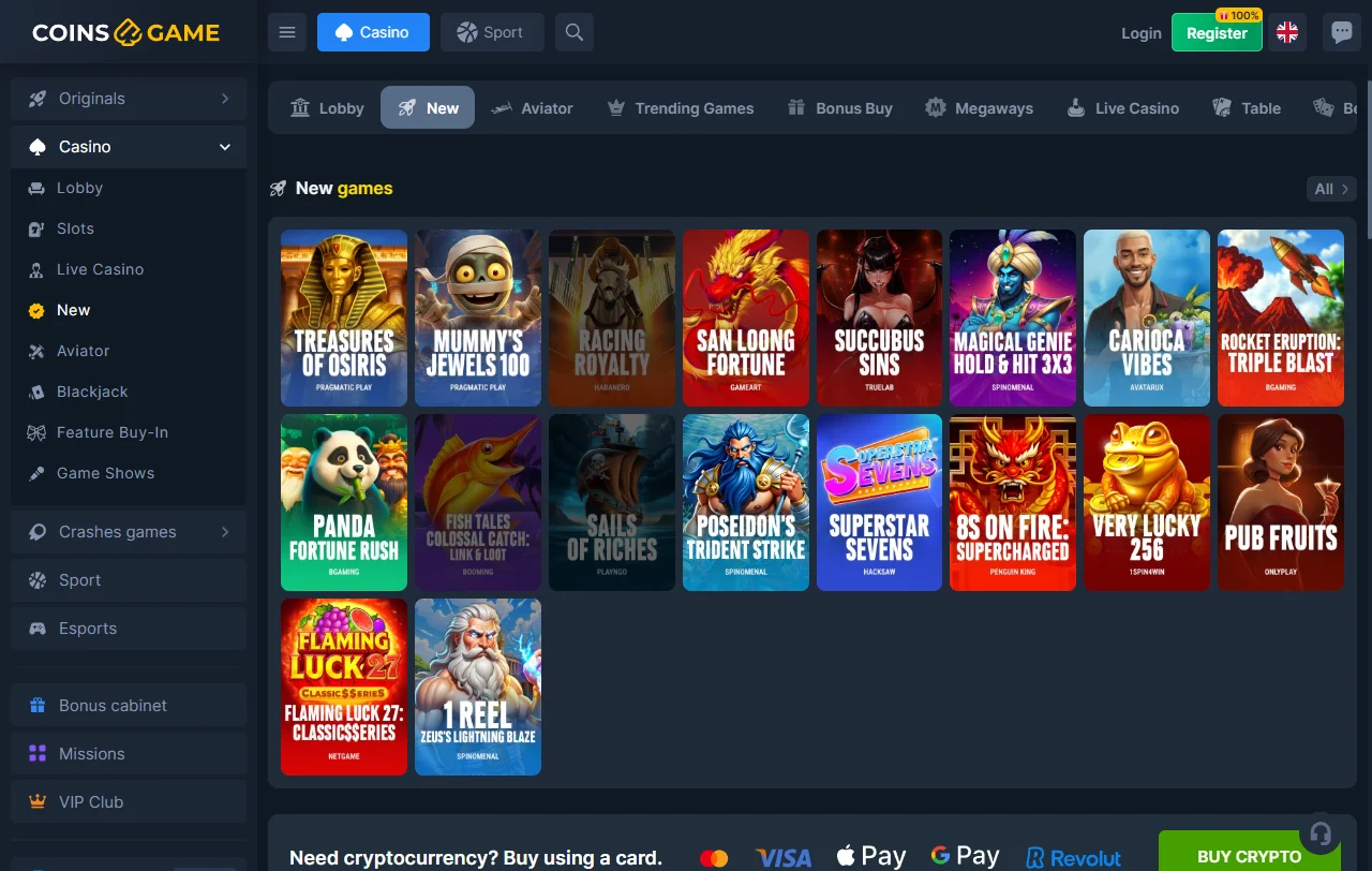 Game library featuring Coins Game Casino