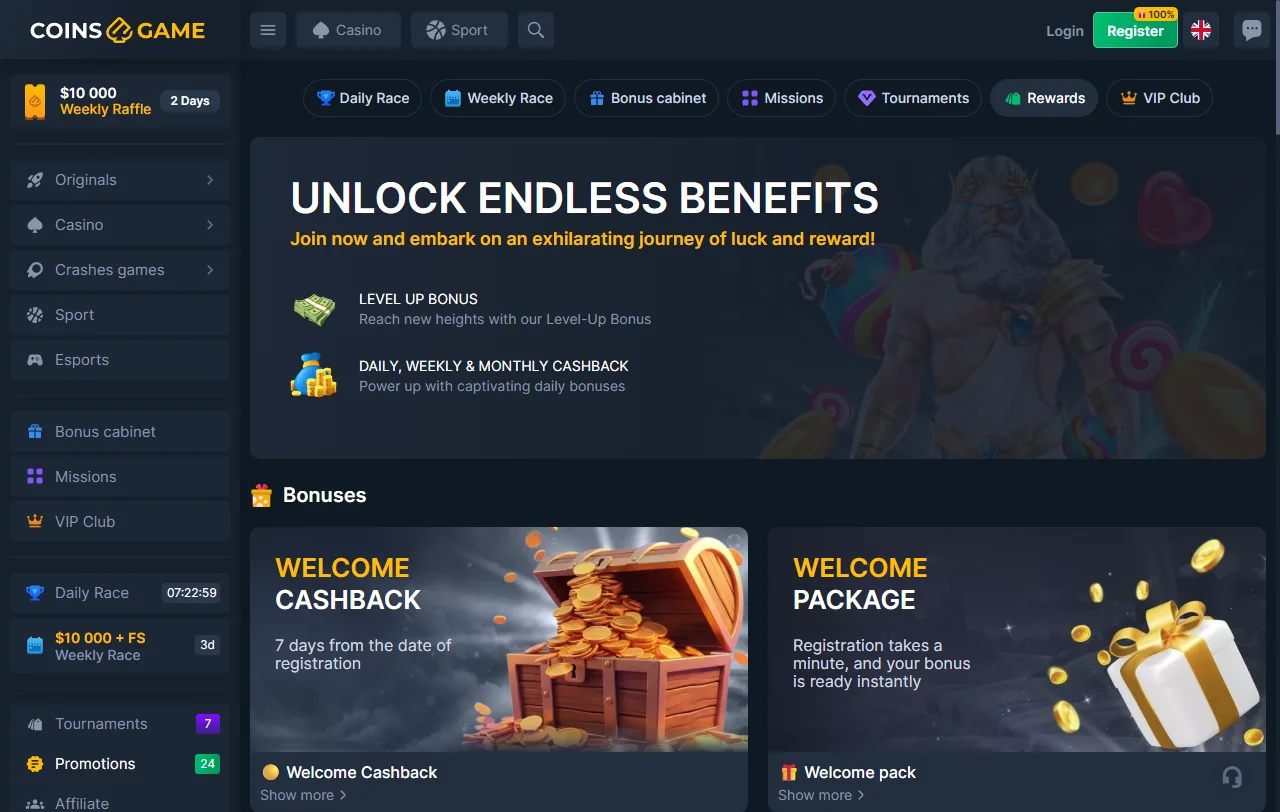 Welcome bonus promotion at Coins Game Casino offering 100% match and free spins for new players