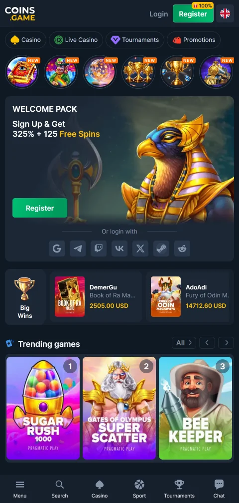 Coins Game Casino responsive mobile design providing full gaming access across iOS and Android devices