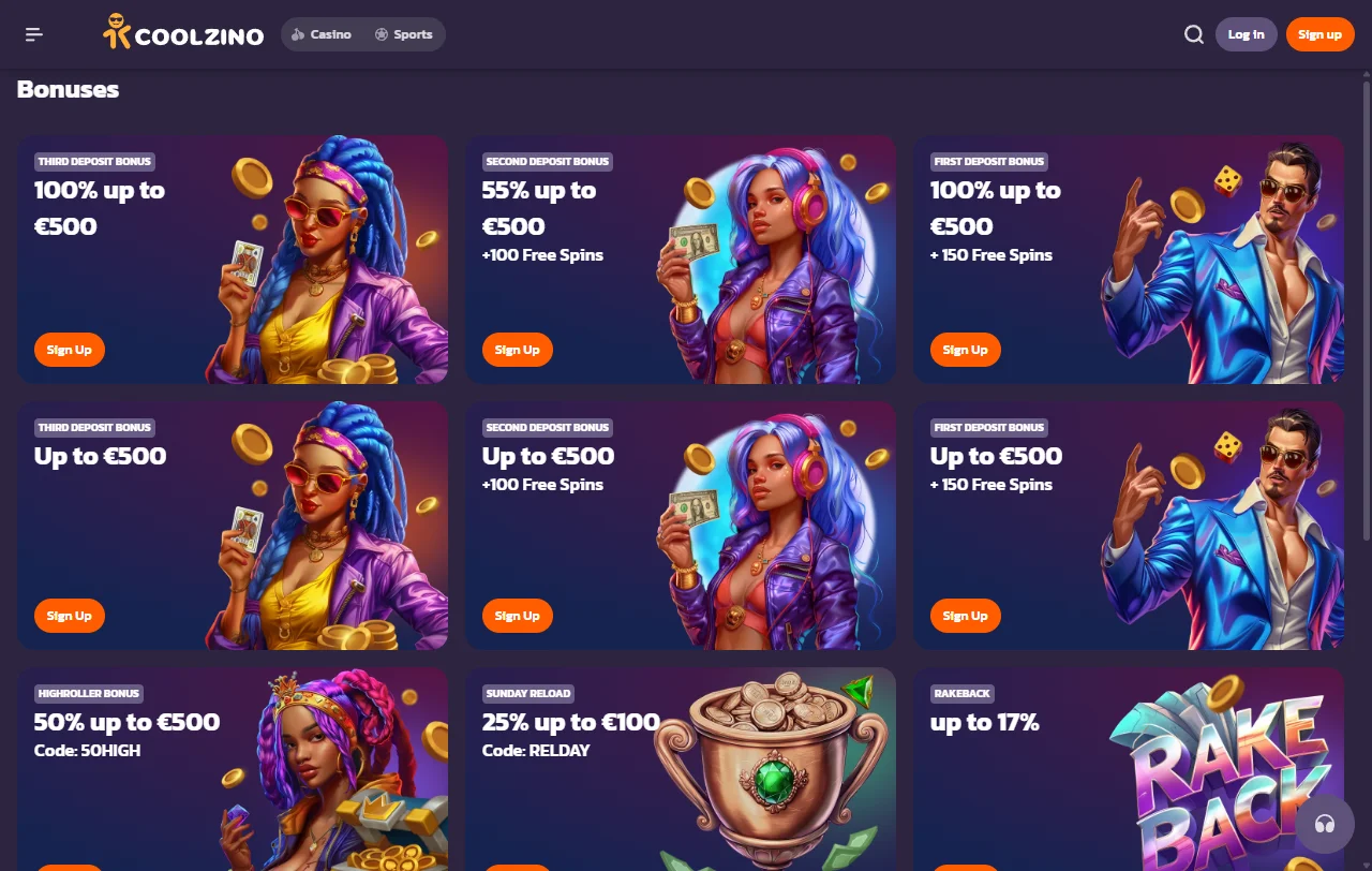 Slot games, table games and live dealer entertainment available at Coolzino Casino