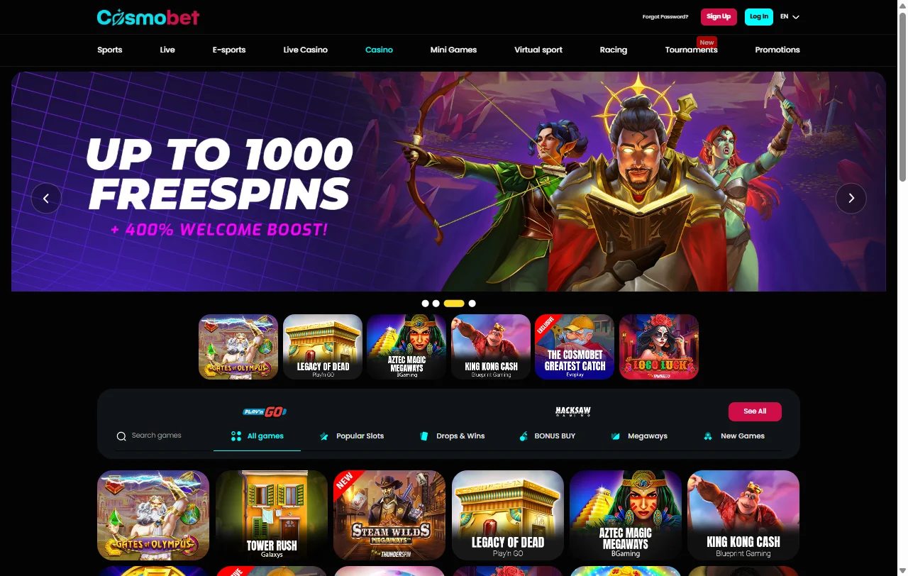 Slots and table games library at Cosmobet Casino featuring NetEnt and Pragmatic Play titles