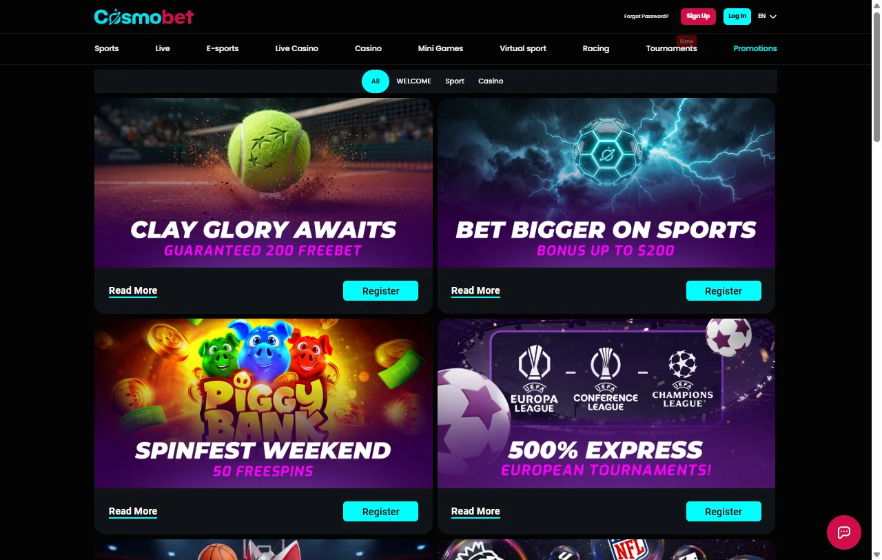 Welcome bonus offer and promotional details displayed on Cosmobet Casino registration page