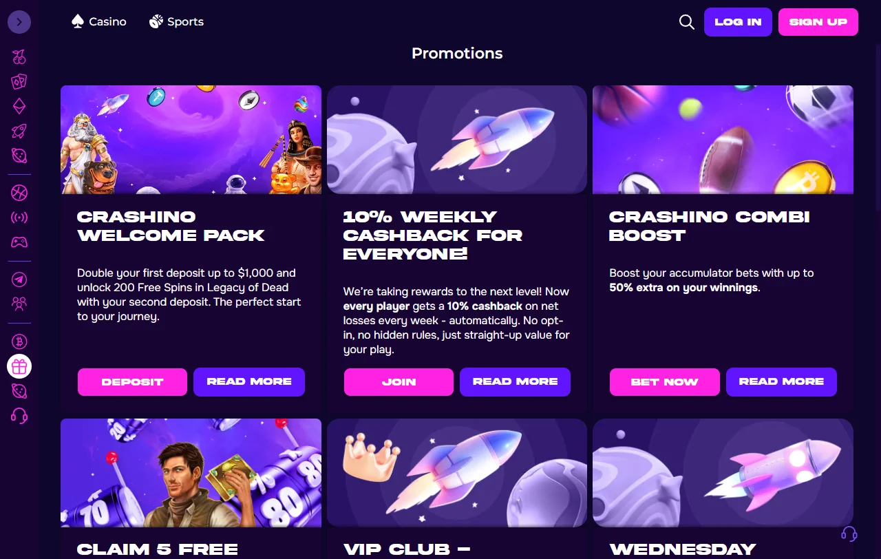 Slots, live dealer tables and game providers featured across Crashino Casino portfolio