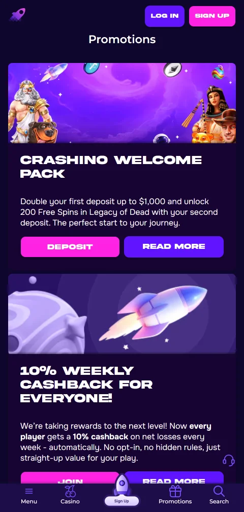 Crashino Casino banking interface showing deposit and withdrawal payment methods